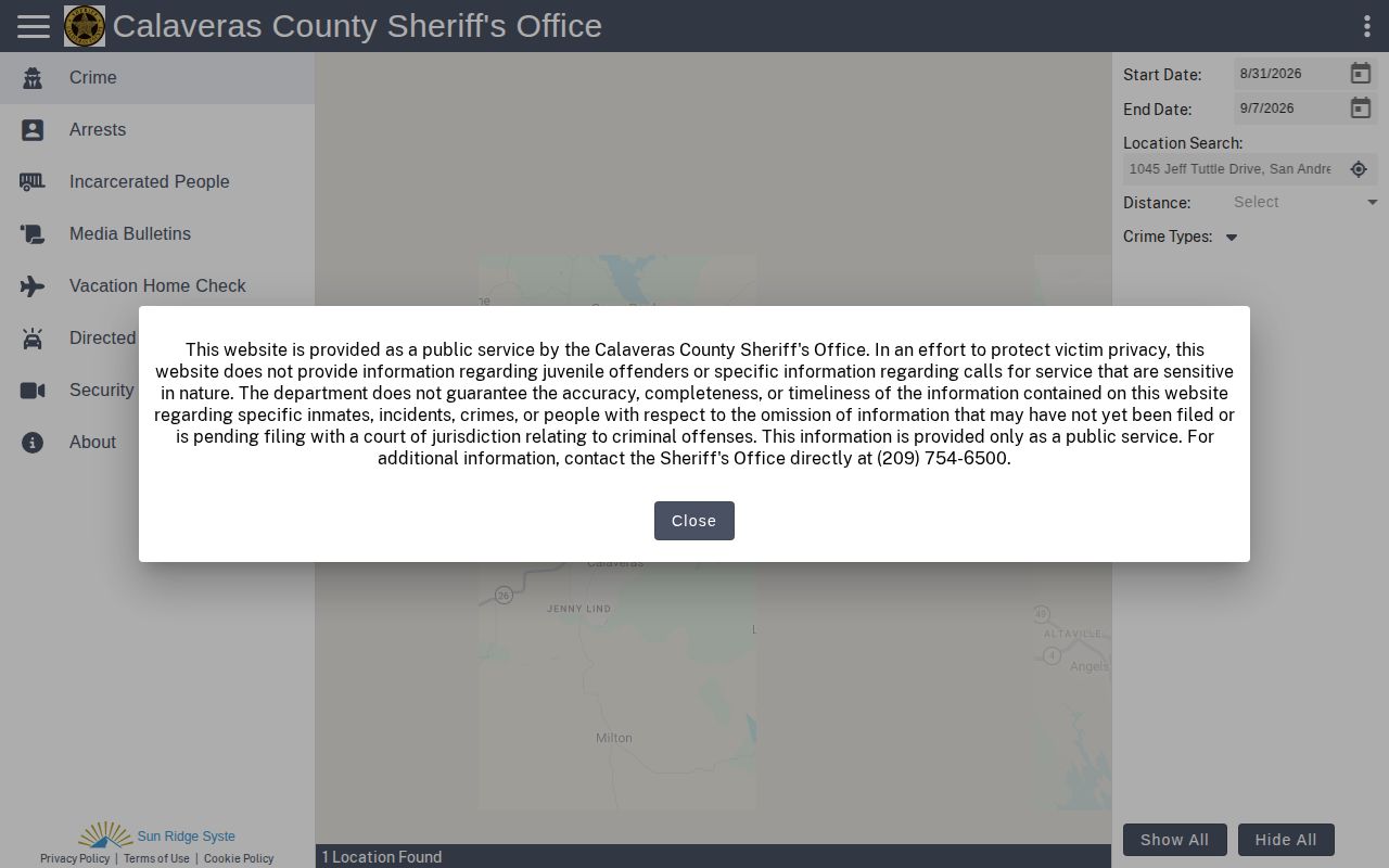 Calaveras CitizenRIMS partner custody portal relevant to recent Alpine County arrests