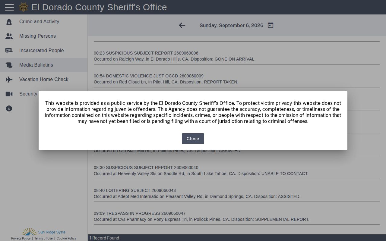 El Dorado CitizenRIMS Media Bulletins page for reviewing multi-day arrest publications