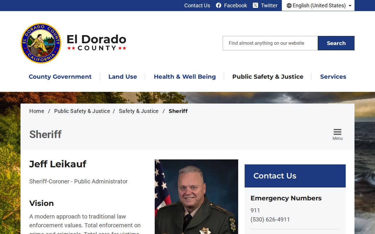 El Dorado County Sheriff official website serving a contracted Alpine County custody route