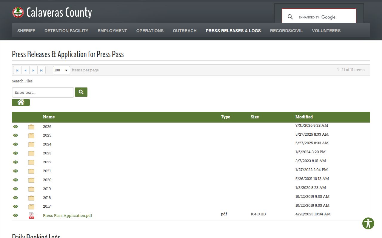 Calaveras County Sheriff Press Releases and Daily Booking Logs page used for multi-day Alpine arrest research