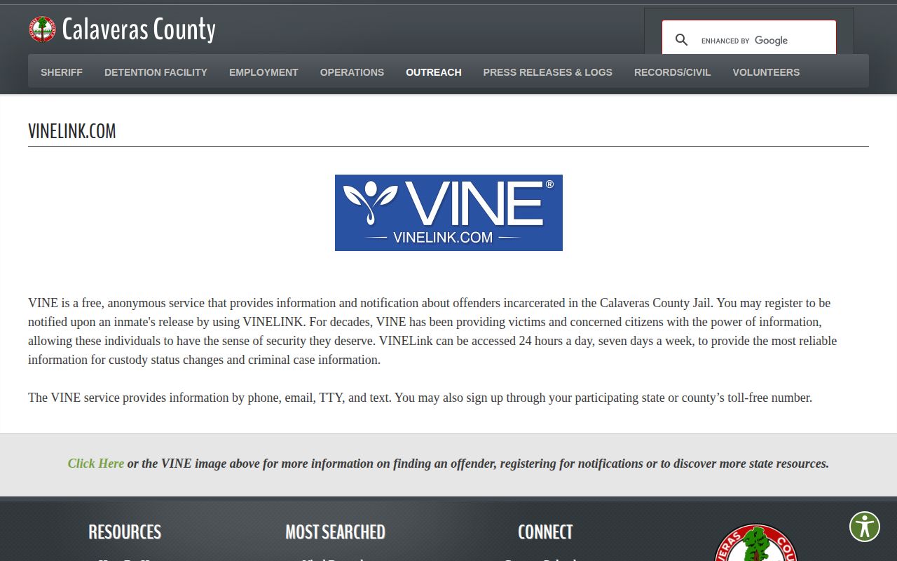 Calaveras County Sheriff California VINE notification guidance page
