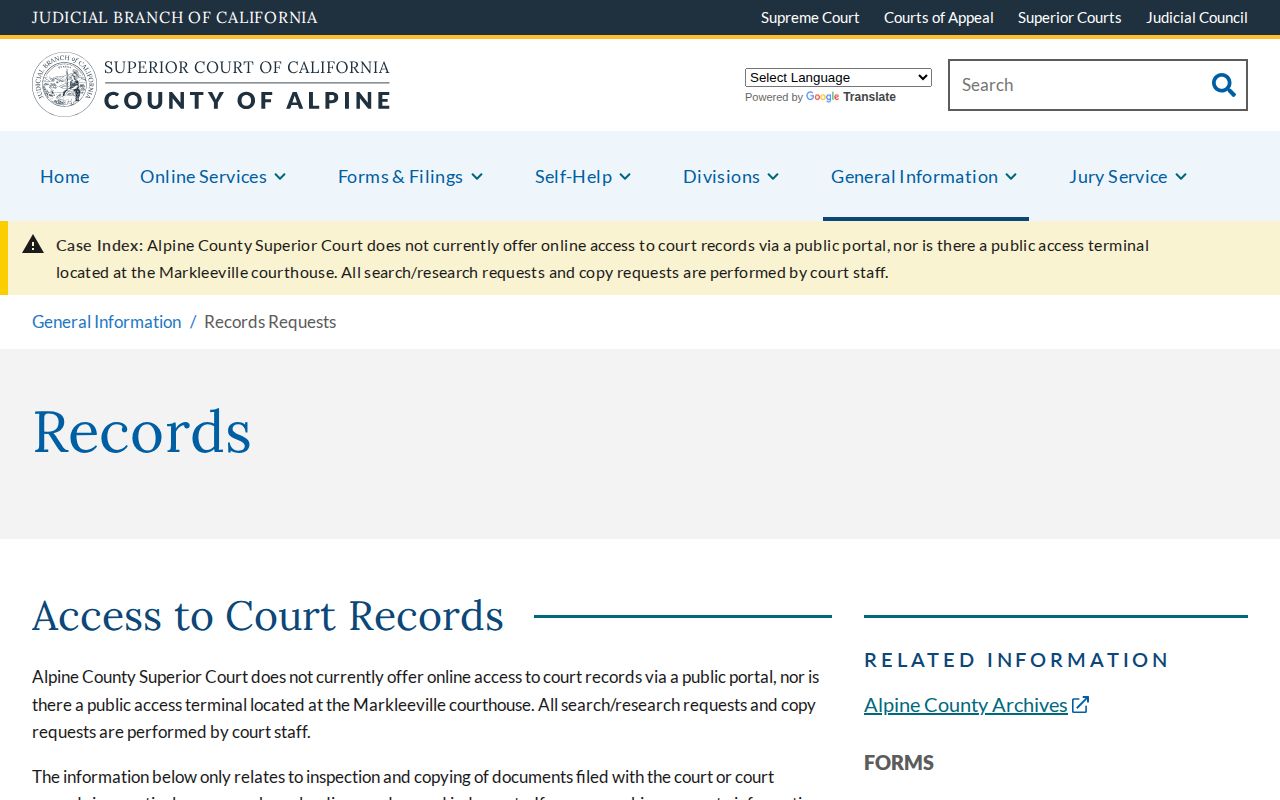 Alpine Superior Court records access page for arrest case dispositions