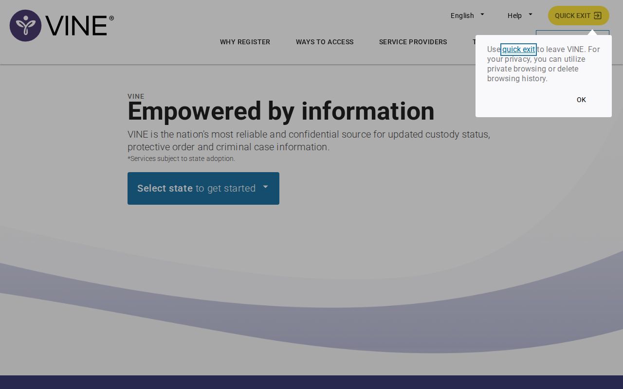 VINELink search landing page used for a California custody check
