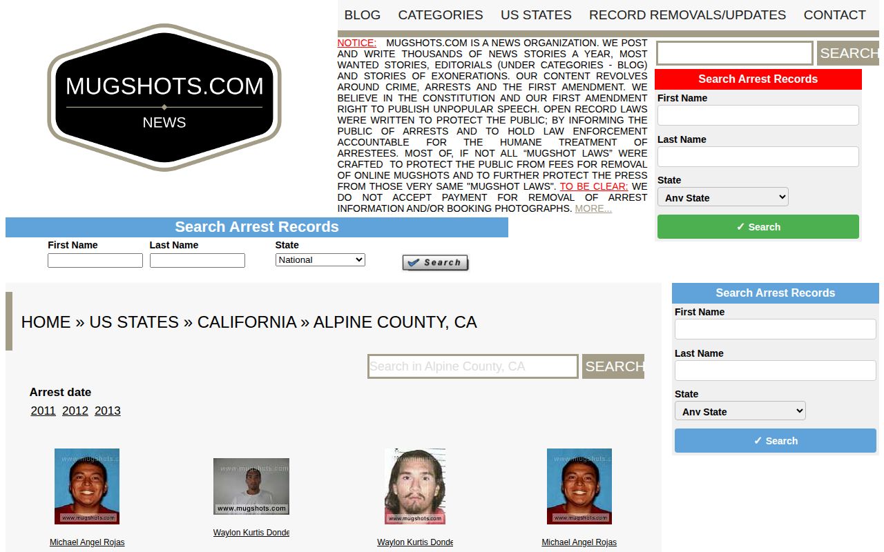 Unofficial Mugshots.com Alpine County archive captured for source comparison